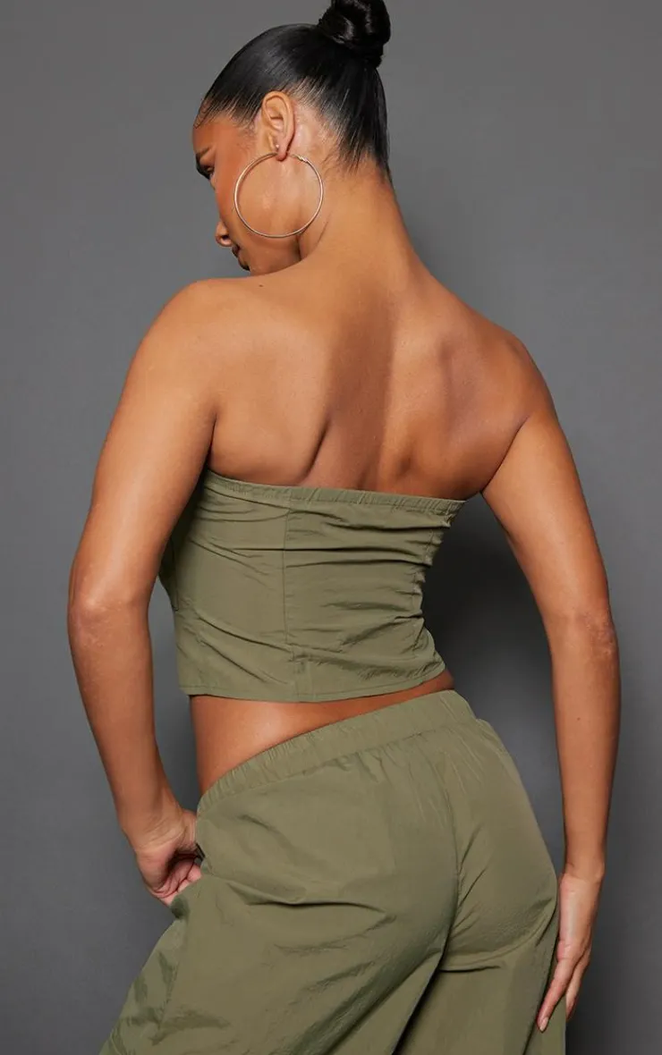 Sale PrettyLittleThing Shell Zip Up Pocket Front Bandeau Corset Khaki