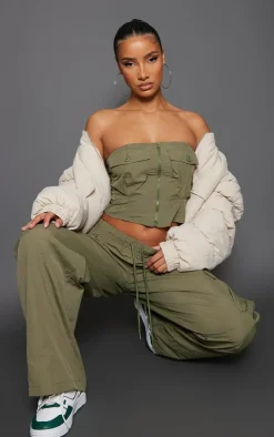 Sale PrettyLittleThing Shell Zip Up Pocket Front Bandeau Corset Khaki