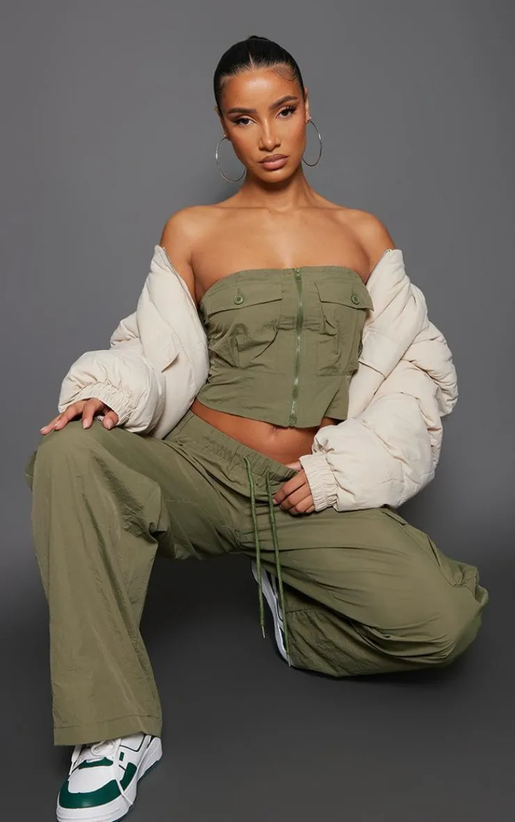 Sale PrettyLittleThing Shell Zip Up Pocket Front Bandeau Corset Khaki