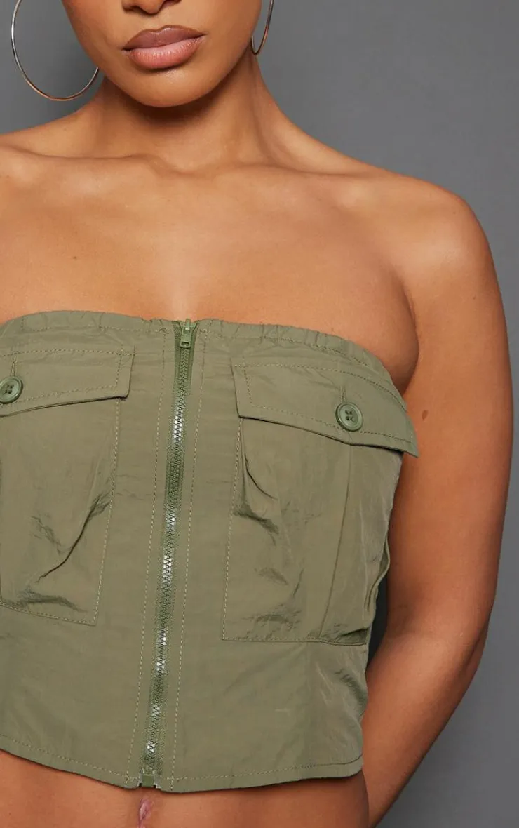 Sale PrettyLittleThing Shell Zip Up Pocket Front Bandeau Corset Khaki