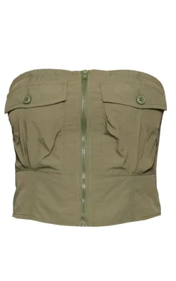 Sale PrettyLittleThing Shell Zip Up Pocket Front Bandeau Corset Khaki