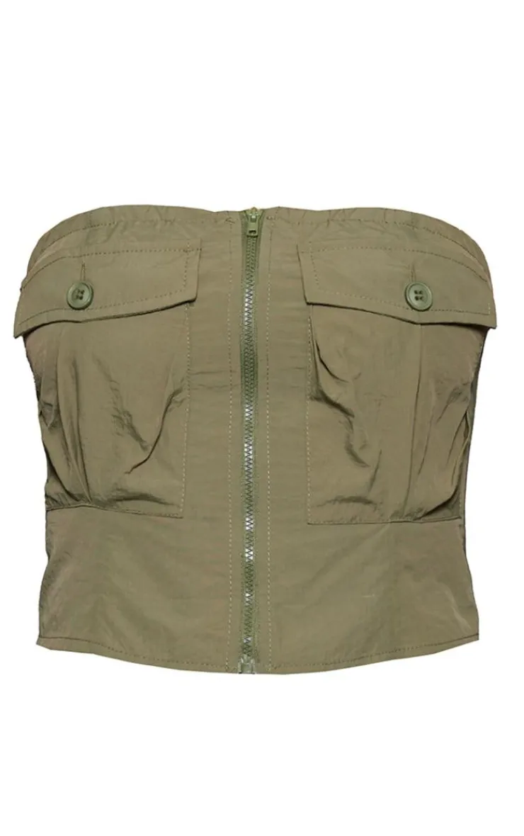 Sale PrettyLittleThing Shell Zip Up Pocket Front Bandeau Corset Khaki