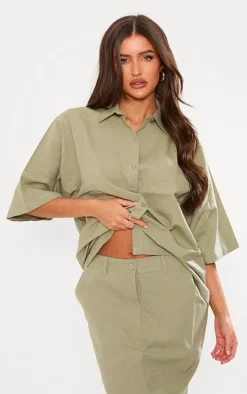 Outlet PrettyLittleThing Short Sleeve Oversized Linen Look Shirt Khaki