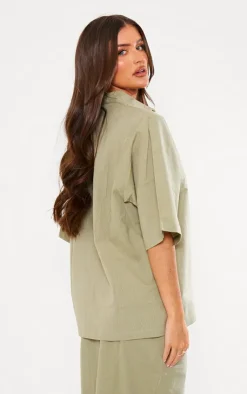 Outlet PrettyLittleThing Short Sleeve Oversized Linen Look Shirt Khaki