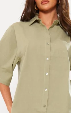 Outlet PrettyLittleThing Short Sleeve Oversized Linen Look Shirt Khaki