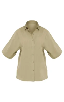 Outlet PrettyLittleThing Short Sleeve Oversized Linen Look Shirt Khaki