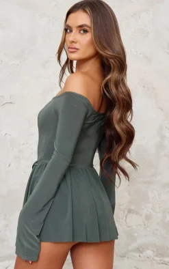 Khaki Slinky Bardot Long Sleeve Heart Trim Romper