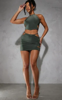 Outlet PrettyLittleThing Slinky Cut Out Strappy Mini Skirt Khaki