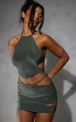 Outlet PrettyLittleThing Slinky Cut Out Strappy Mini Skirt Khaki