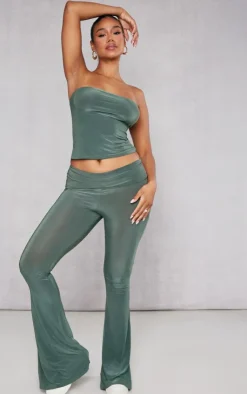 Sale PrettyLittleThing Slinky Low Rise Flared Pants Khaki