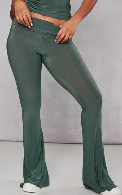 Sale PrettyLittleThing Slinky Low Rise Flared Pants Khaki