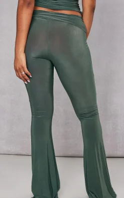 Sale PrettyLittleThing Slinky Low Rise Flared Pants Khaki