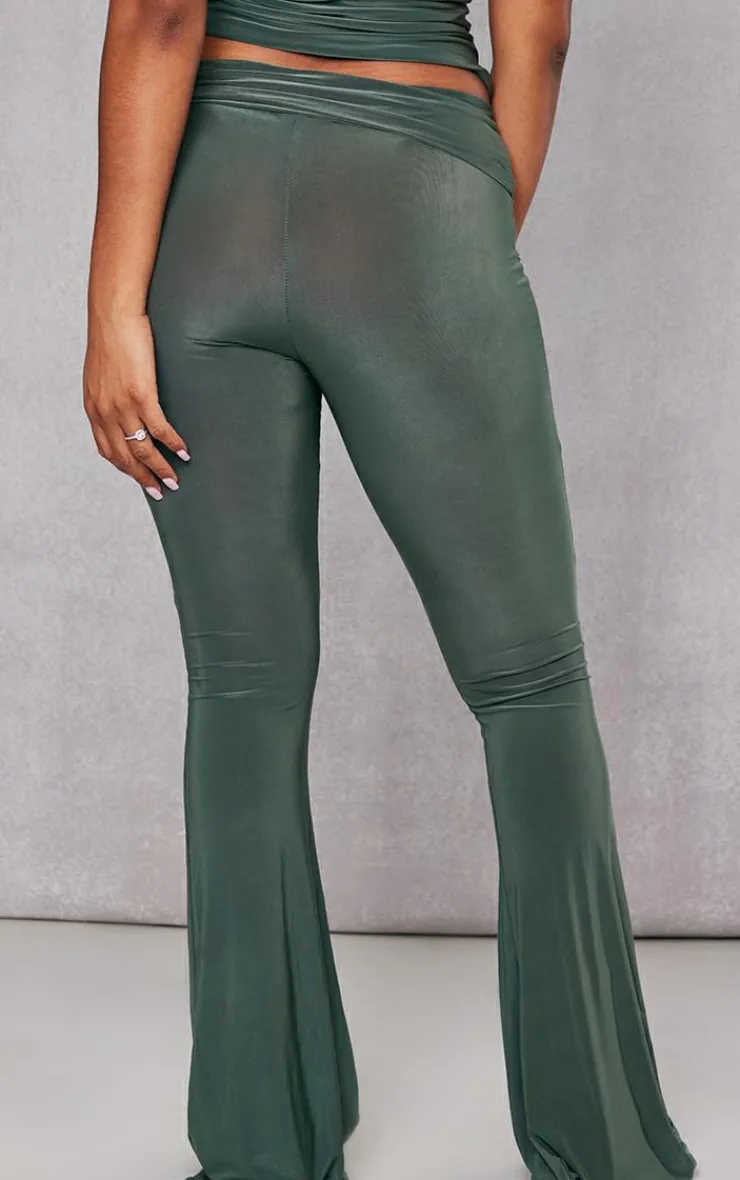 Sale PrettyLittleThing Slinky Low Rise Flared Pants Khaki