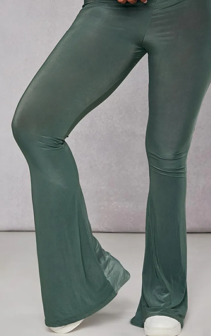 Sale PrettyLittleThing Slinky Low Rise Flared Pants Khaki