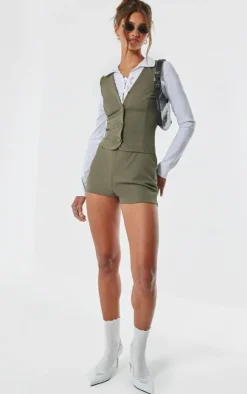 Discount PrettyLittleThing Soft Tailored Hotpants Khaki