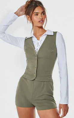 Discount PrettyLittleThing Soft Tailored Hotpants Khaki