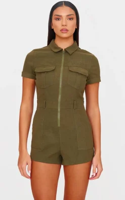Khaki Soft Tailored Utility Detail Romper