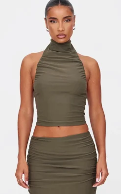 Sale PrettyLittleThing Soft Touch Ruched Halter Crop Top Khaki