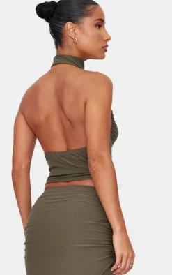 Sale PrettyLittleThing Soft Touch Ruched Halter Crop Top Khaki