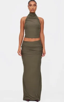 Sale PrettyLittleThing Soft Touch Ruched Halter Crop Top Khaki