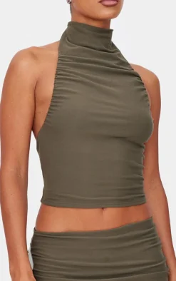 Sale PrettyLittleThing Soft Touch Ruched Halter Crop Top Khaki