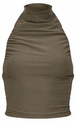 Sale PrettyLittleThing Soft Touch Ruched Halter Crop Top Khaki