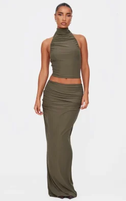 Online PrettyLittleThing Soft Touch Ruched Maxi Skirt Khaki
