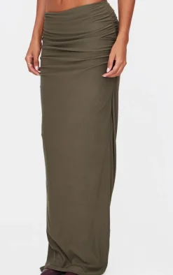 Online PrettyLittleThing Soft Touch Ruched Maxi Skirt Khaki