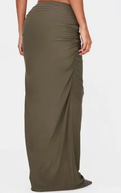 Online PrettyLittleThing Soft Touch Ruched Maxi Skirt Khaki
