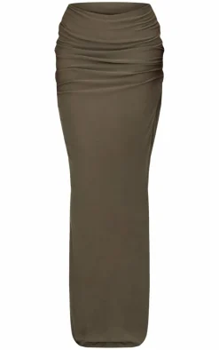 Online PrettyLittleThing Soft Touch Ruched Maxi Skirt Khaki