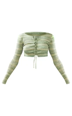 New PrettyLittleThing Space Dye Lace Knit Top Khaki