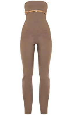 Khaki Stretch Woven Belted Bandeau Jumpsuit
