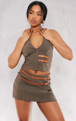 Outlet PrettyLittleThing Stretch Woven Brown Belt Detail Skort Khaki