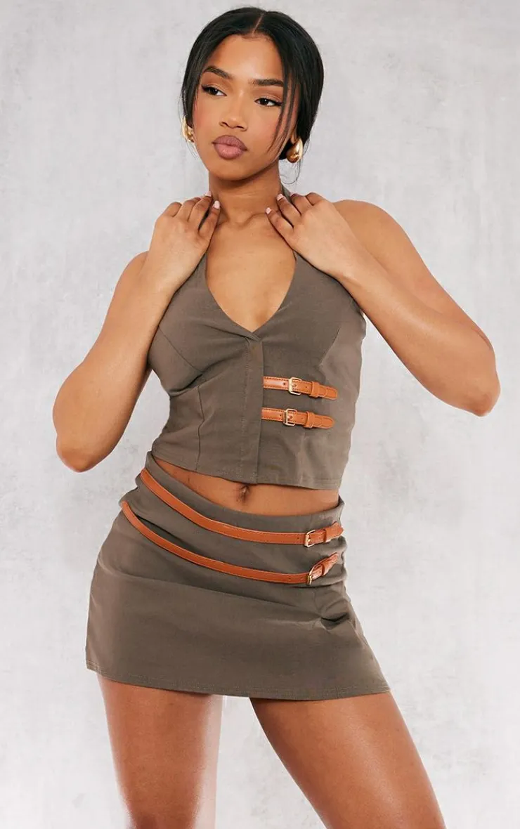 Outlet PrettyLittleThing Stretch Woven Brown Belt Detail Skort Khaki