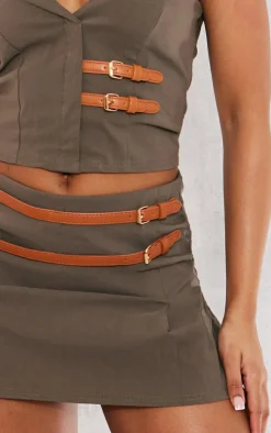 Outlet PrettyLittleThing Stretch Woven Brown Belt Detail Skort Khaki