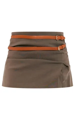 Outlet PrettyLittleThing Stretch Woven Brown Belt Detail Skort Khaki