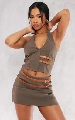 Outlet PrettyLittleThing Stretch Woven Brown Belt Detail Vest Khaki