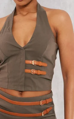Outlet PrettyLittleThing Stretch Woven Brown Belt Detail Vest Khaki