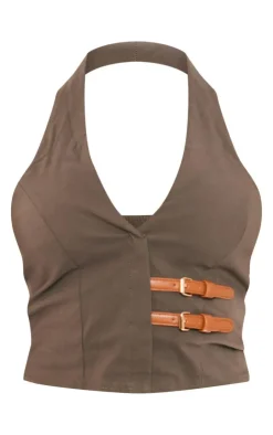 Outlet PrettyLittleThing Stretch Woven Brown Belt Detail Vest Khaki