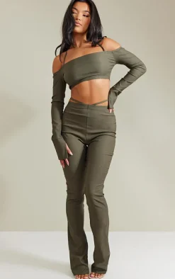 Clearance PrettyLittleThing Stretch Woven Cut Out Detail Skinny Flared Pants Khaki