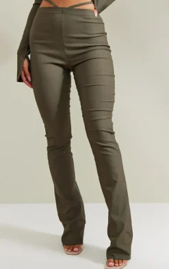 Clearance PrettyLittleThing Stretch Woven Cut Out Detail Skinny Flared Pants Khaki