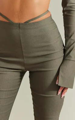 Clearance PrettyLittleThing Stretch Woven Cut Out Detail Skinny Flared Pants Khaki