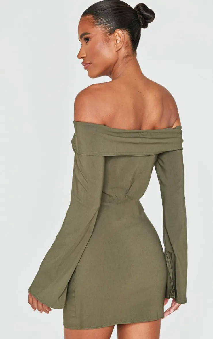 Stretch Woven Fold Bardot Wrap Dress-PrettyLittleThing Outlet