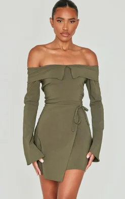 Stretch Woven Fold Bardot Wrap Dress-PrettyLittleThing Outlet