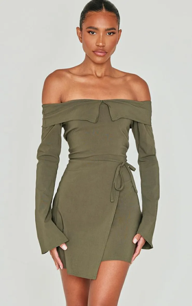 Stretch Woven Fold Bardot Wrap Dress-PrettyLittleThing Outlet