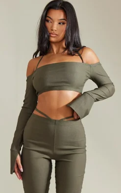 Clearance PrettyLittleThing Stretch Woven Halterneck Bardot Crop Top Khaki