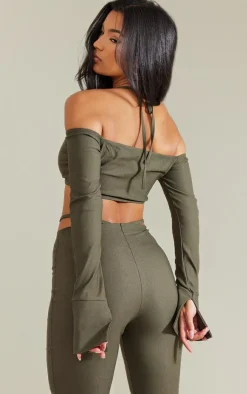 Clearance PrettyLittleThing Stretch Woven Halterneck Bardot Crop Top Khaki