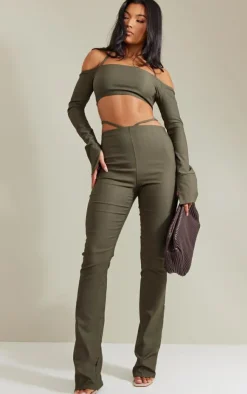 Clearance PrettyLittleThing Stretch Woven Halterneck Bardot Crop Top Khaki