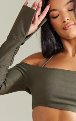 Clearance PrettyLittleThing Stretch Woven Halterneck Bardot Crop Top Khaki