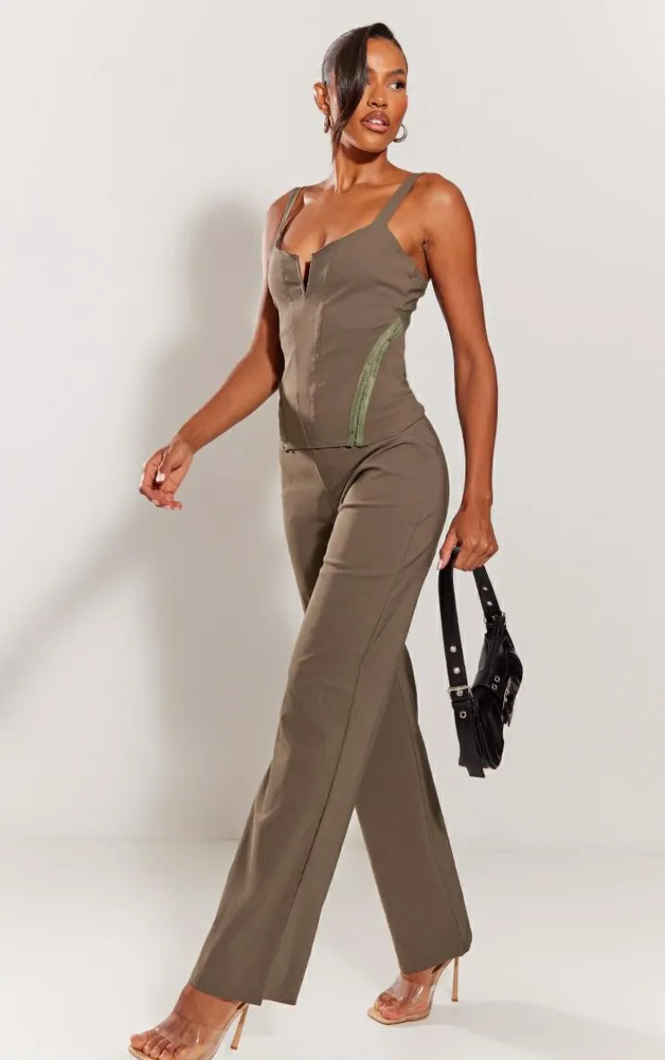Clearance PrettyLittleThing Stretch Woven Low Rise Straight Leg Pants Khaki